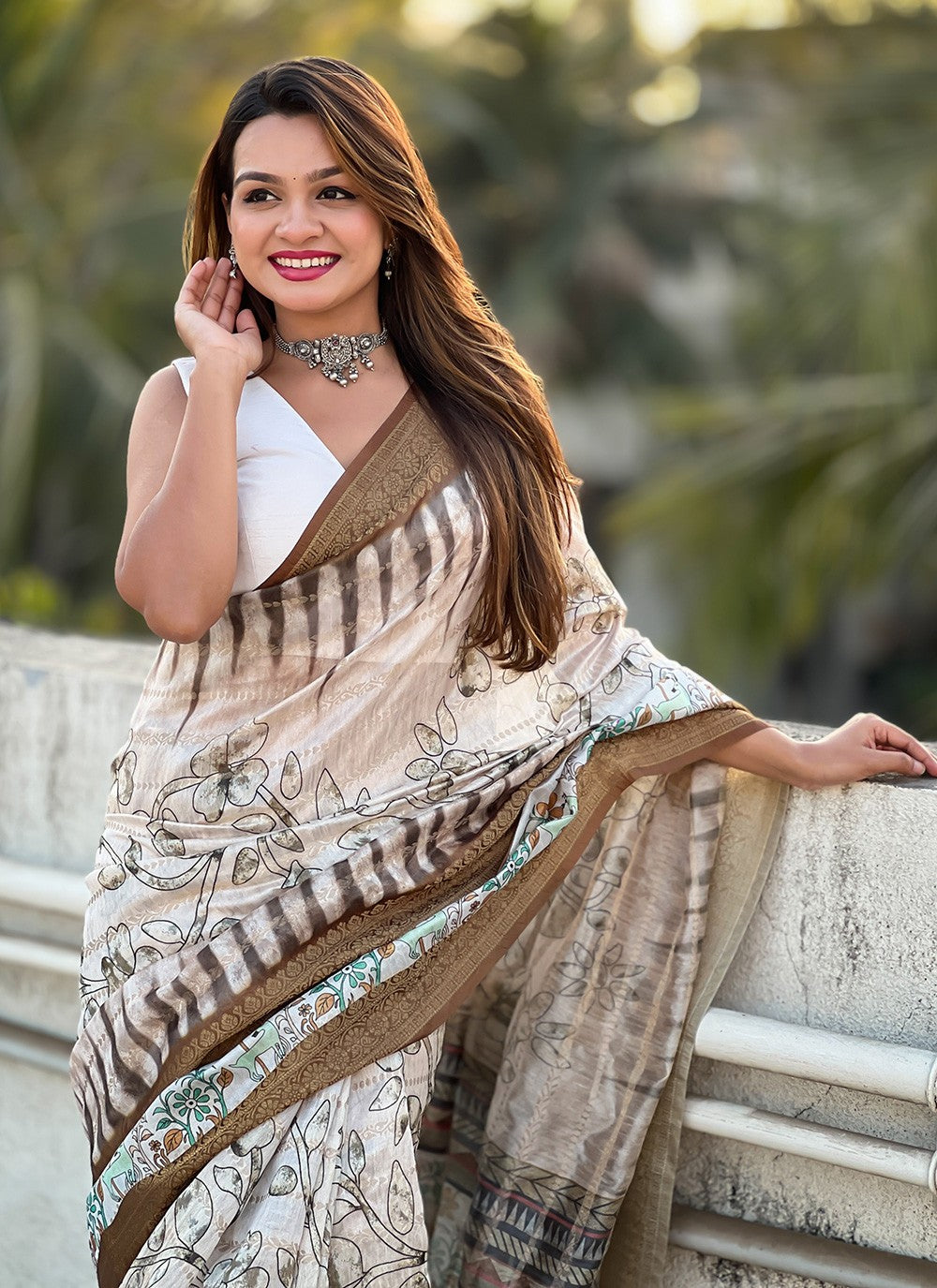 Printed Chanderi Brown Saree S13888