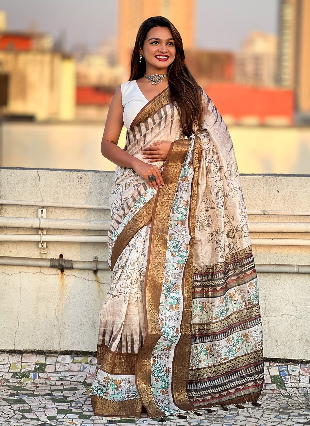 Printed Chanderi Brown Saree S14124