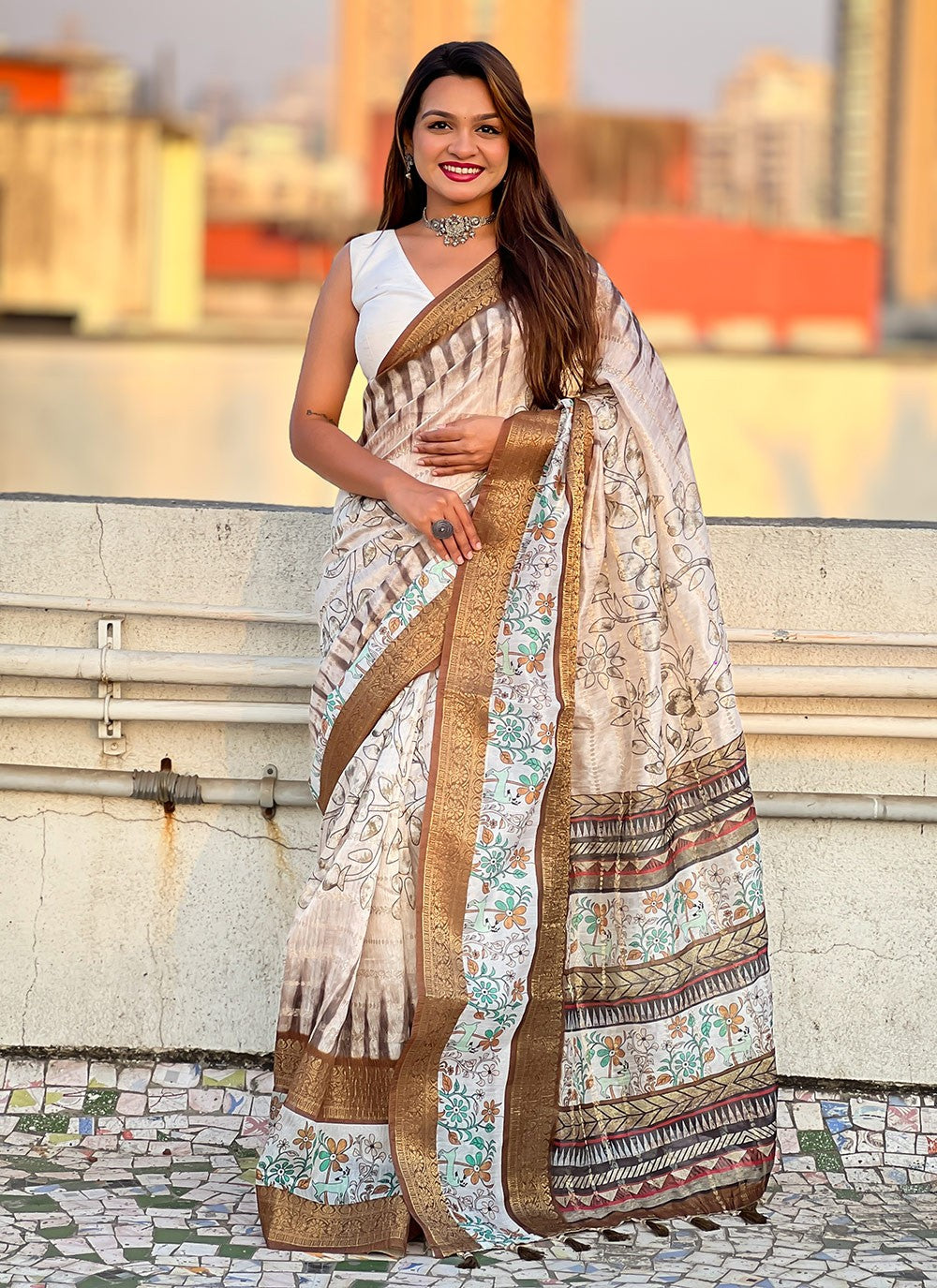 Printed Chanderi Brown Saree S14124
