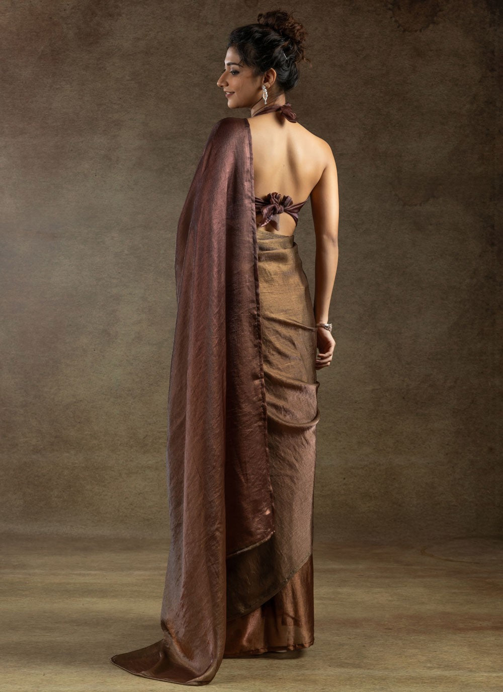 Plain Satin Silk Brown Contemporary Saree S15492