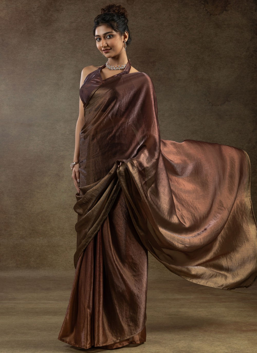 Plain Satin Silk Brown Contemporary Saree S15492