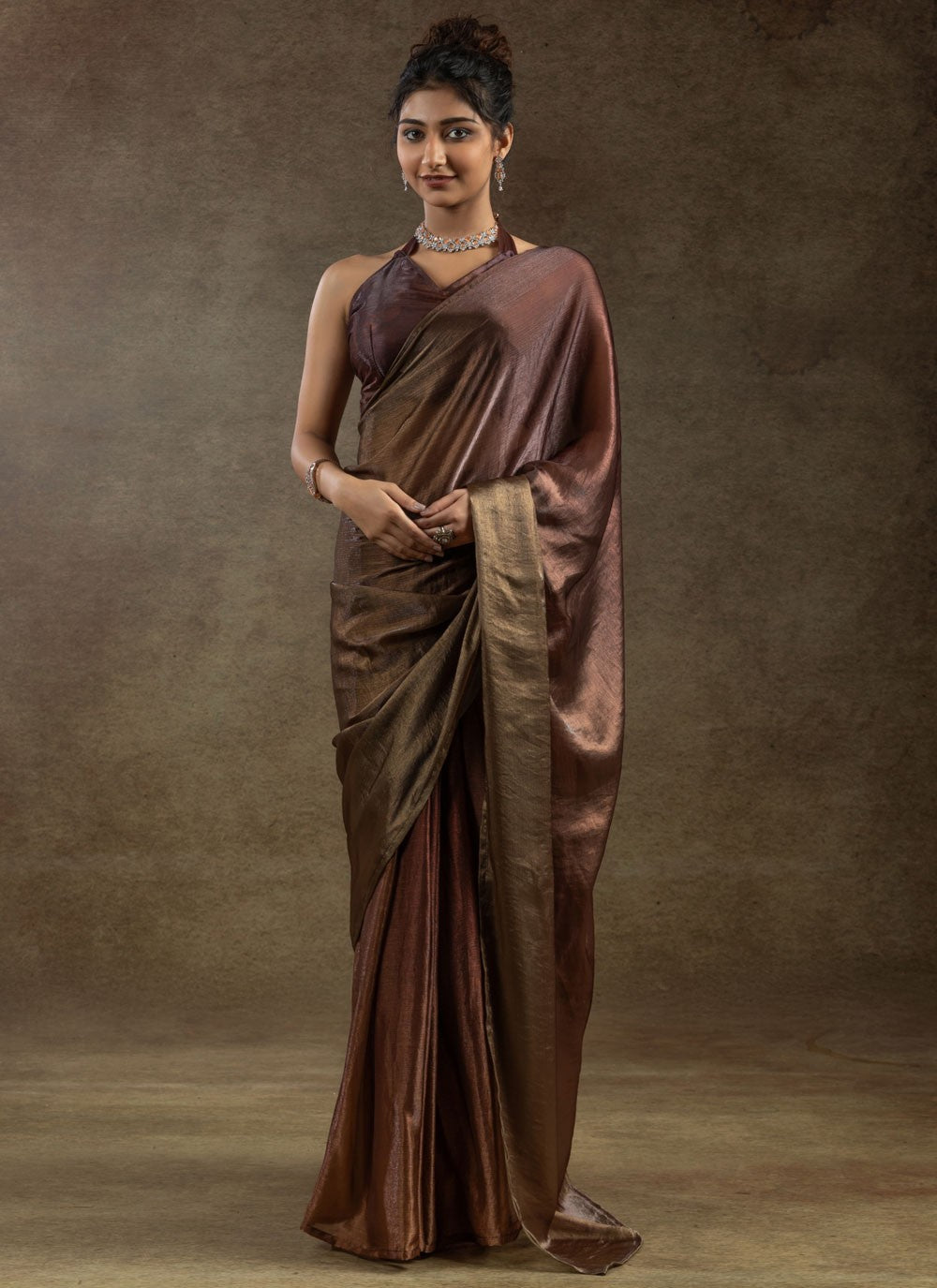 Plain Satin Silk Brown Contemporary Saree S15492