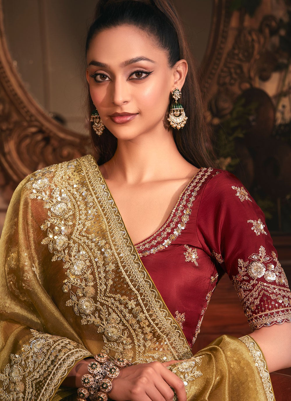 Brown Organza Traditional Saree Border Work, Cut Work, Embroidered, Sequins, Zari S19405