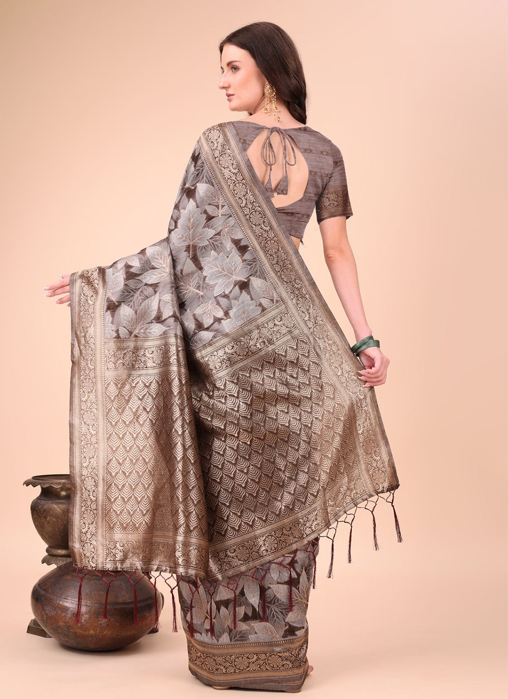 Floral Printed Cotton Brown Classic Saree S15124
