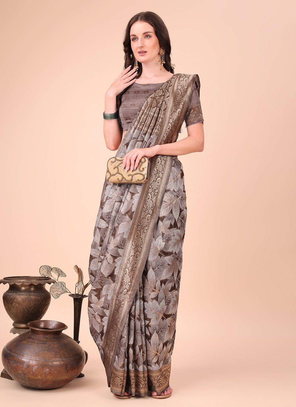 Floral Printed Cotton Brown Classic Saree S15124