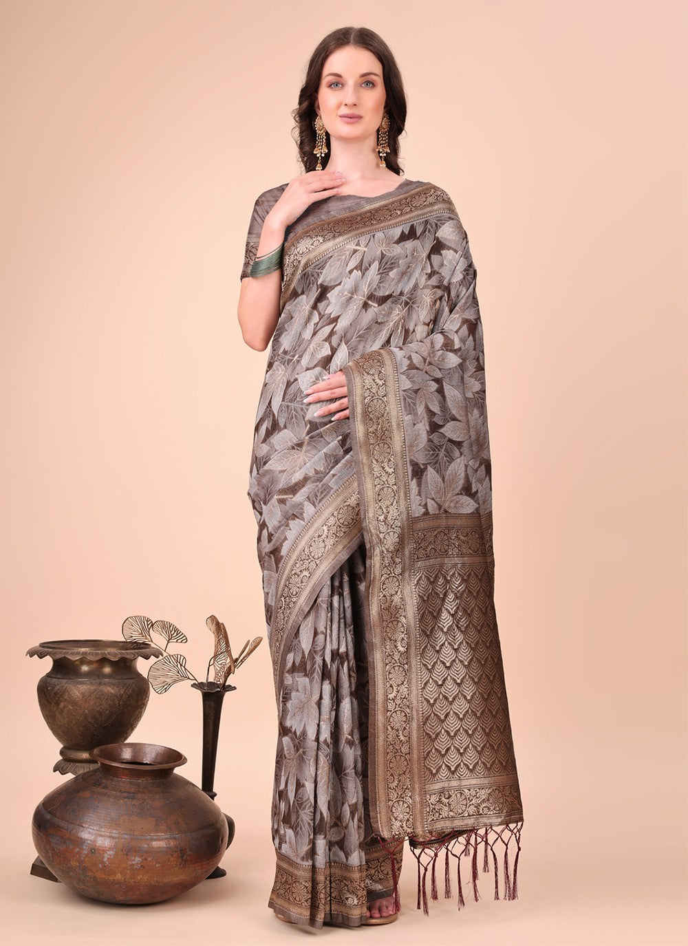 Floral Printed Cotton Brown Classic Saree S15124