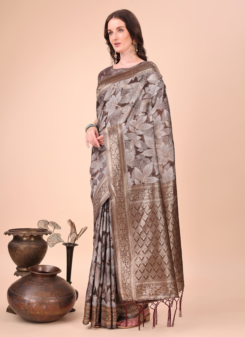Floral Printed Cotton Brown Classic Saree S15124