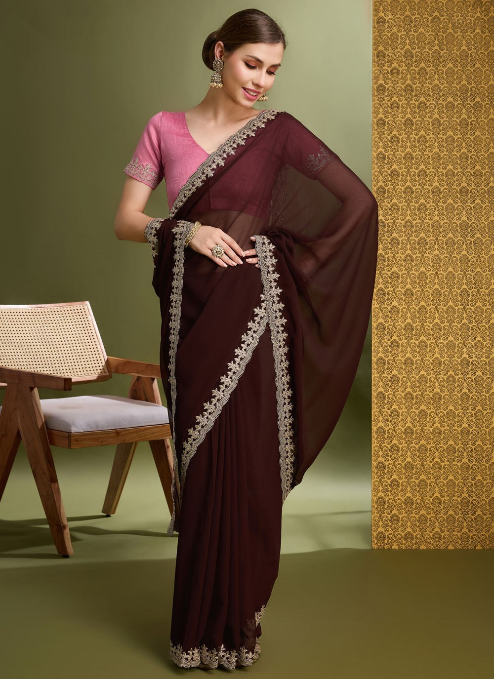 Designer Border Work Brown Faux Georgette S12637