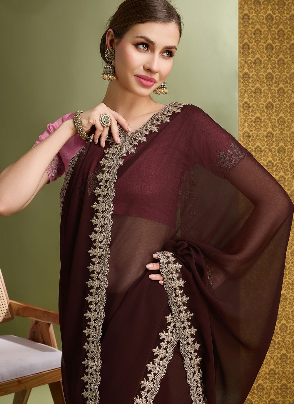 Designer Border Work Brown Faux Georgette S12637