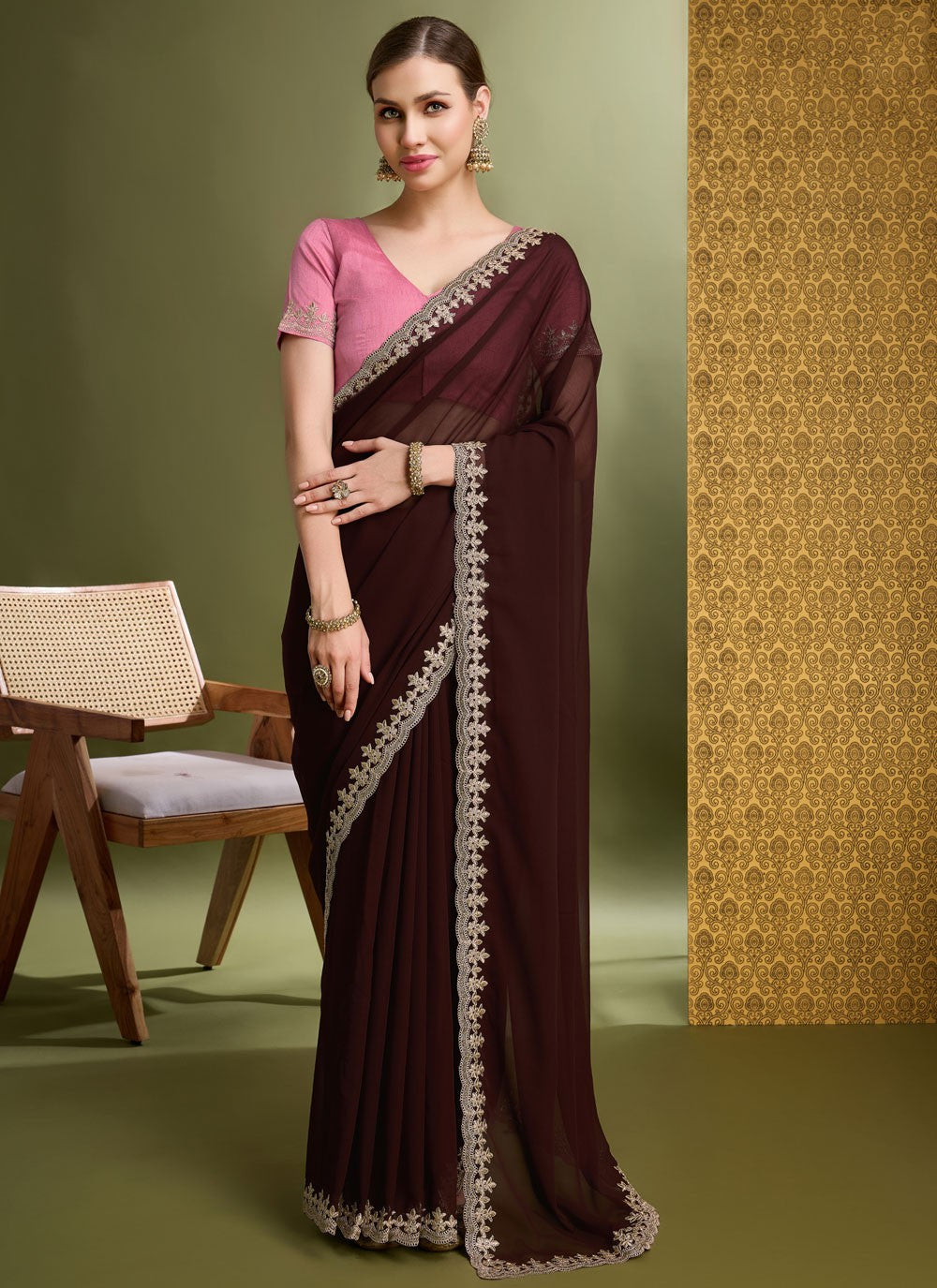 Designer Border Work Brown Faux Georgette Saree S12637