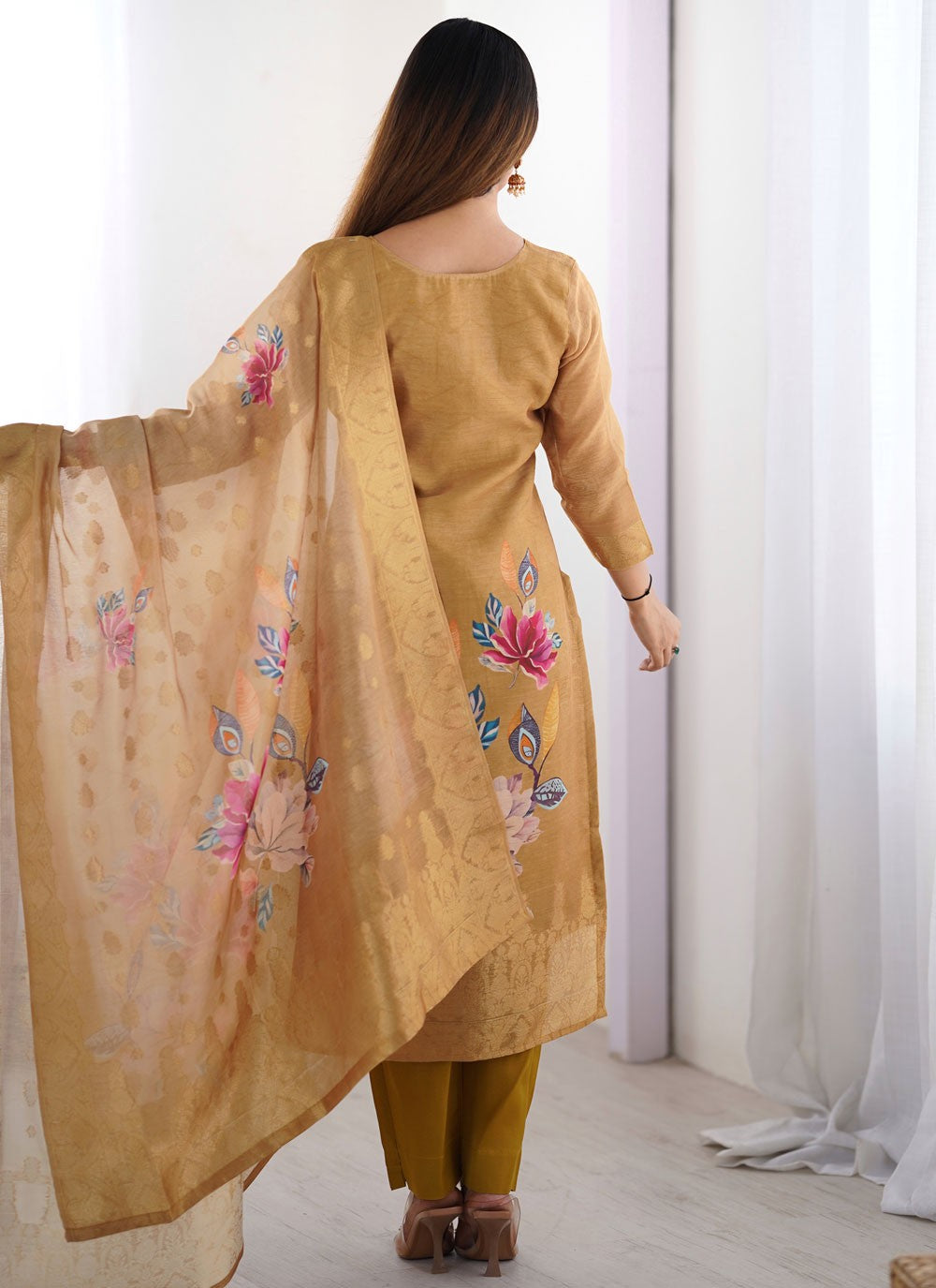 Pant Style Suit Digital Print, Jacquard Work Brown T7570