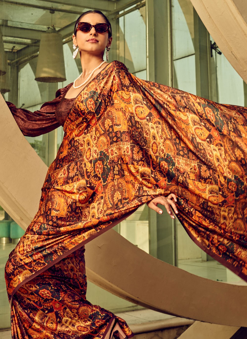 Classic Digital Print Satin Saree - S4000