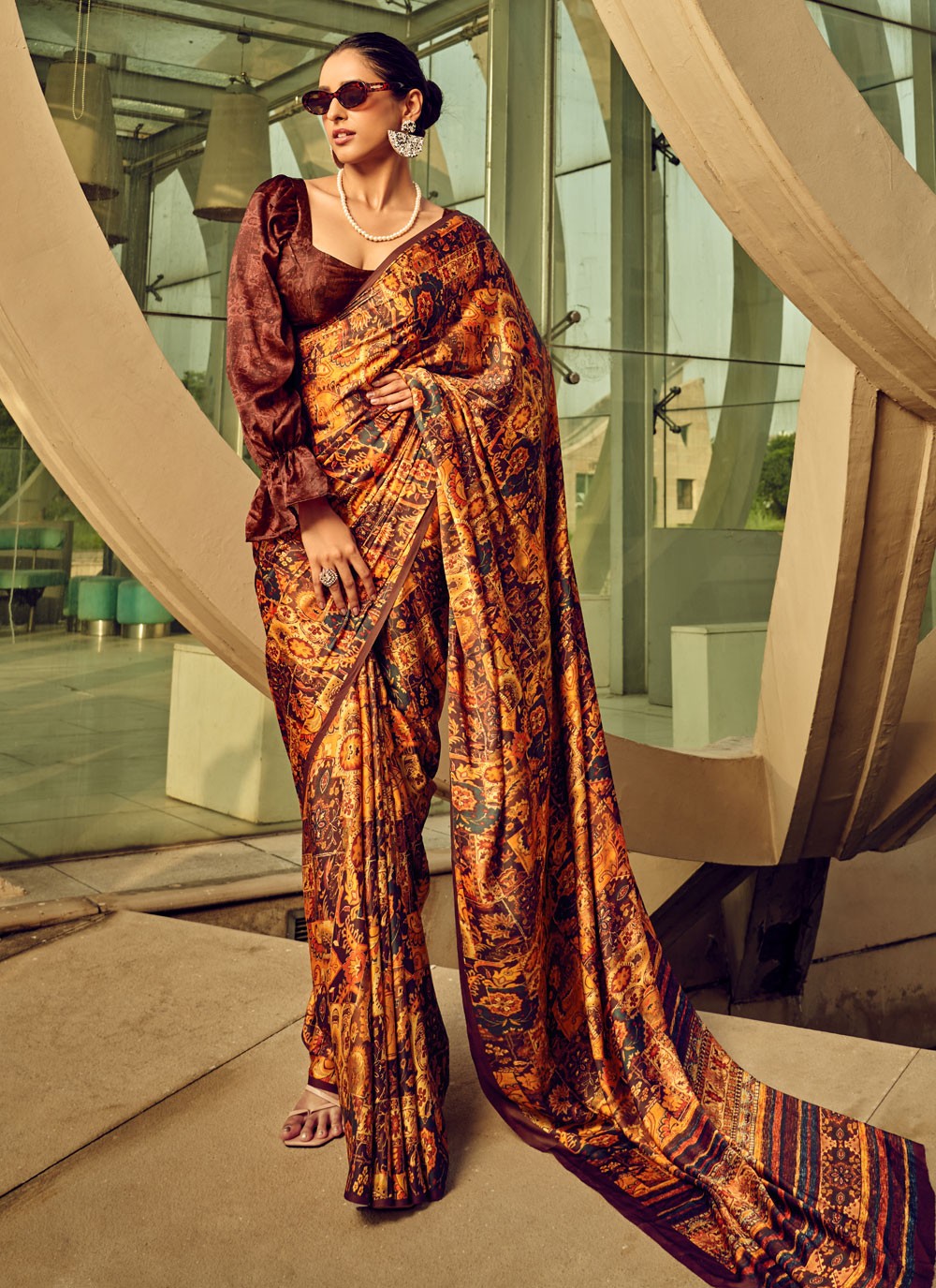 Classic Digital Print Satin Saree - S4000