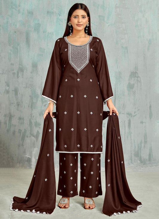 Salwar Suit Embroidered Brown Cotton T5250