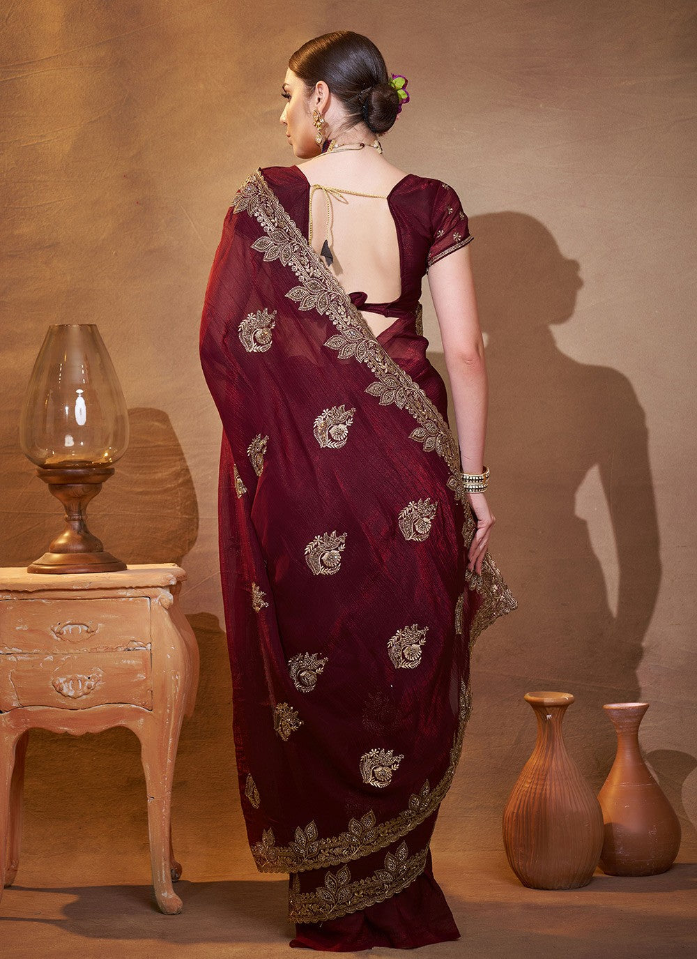 Embroidered Chiffon Brown Saree S14406