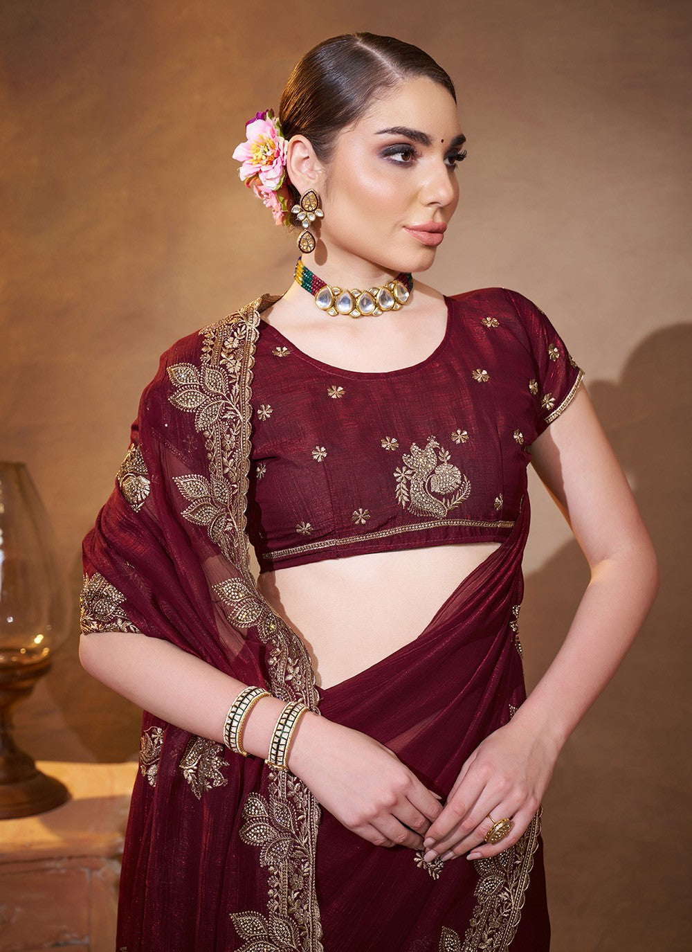 Embroidered Chiffon Brown Saree S14406