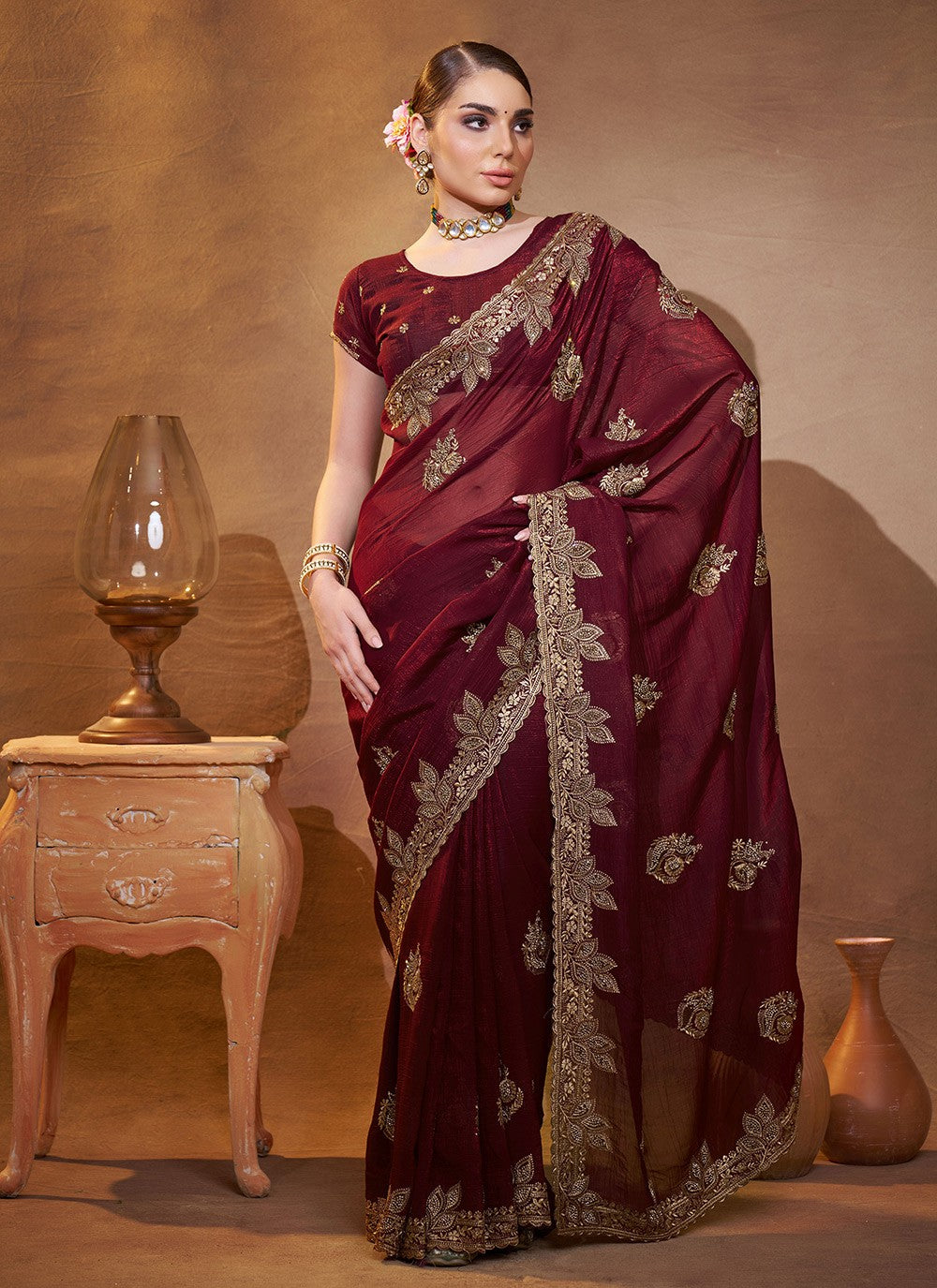 Embroidered Chiffon Brown Saree S14406