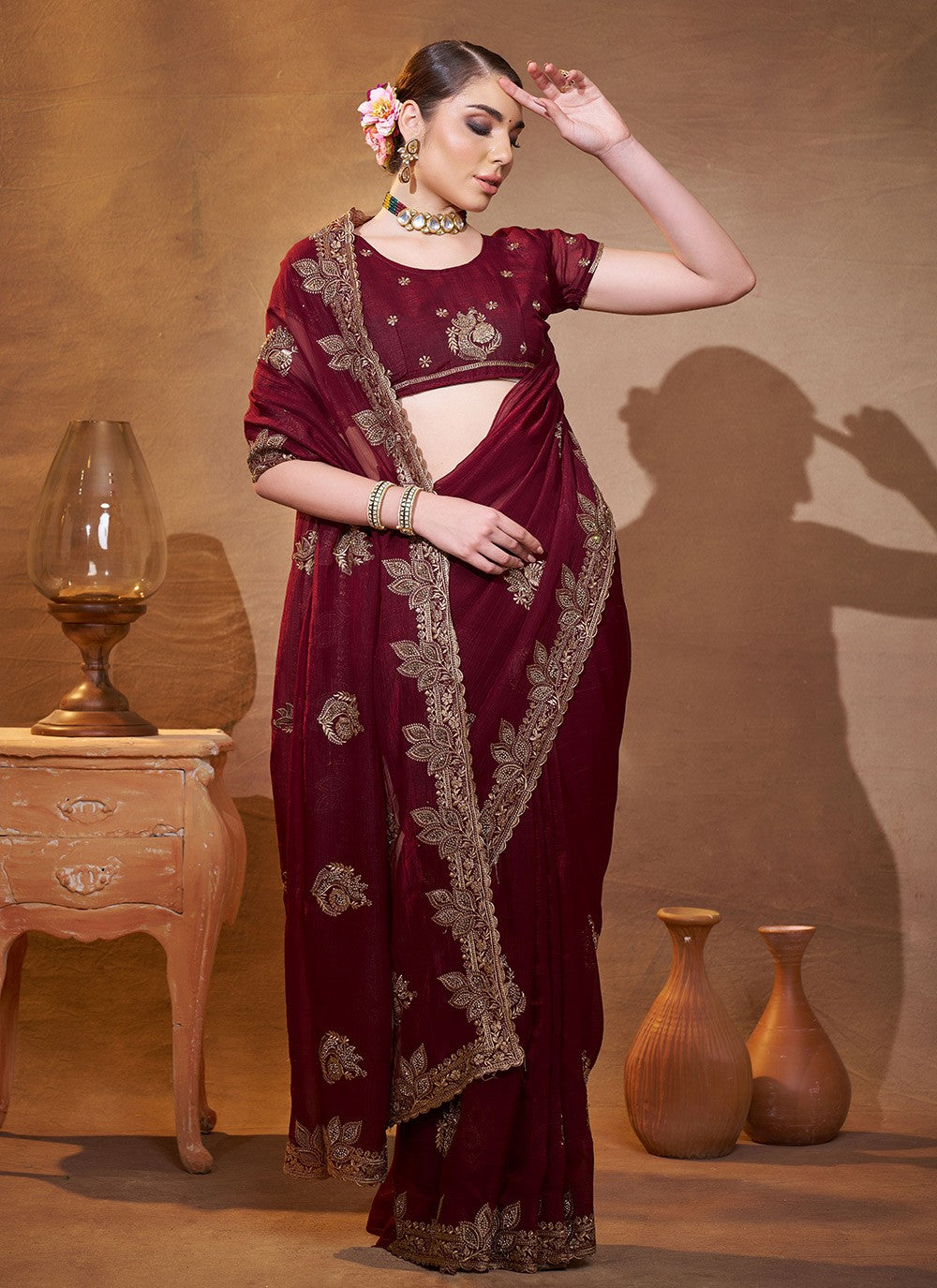 Embroidered Chiffon Brown Saree S14406