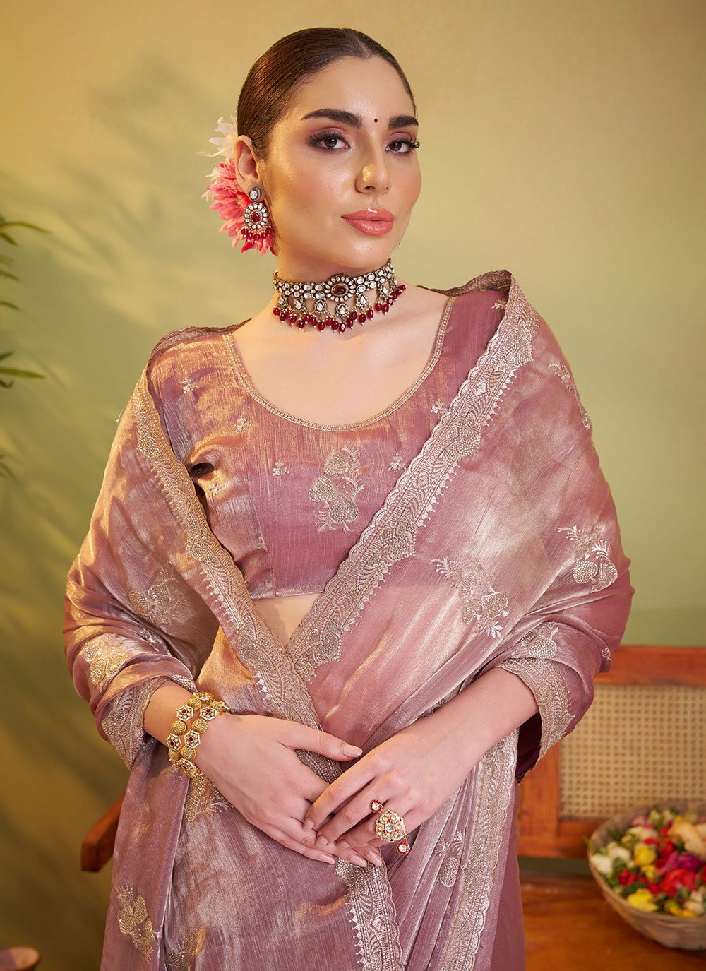 Embroidered Chiffon Brown Saree S14414