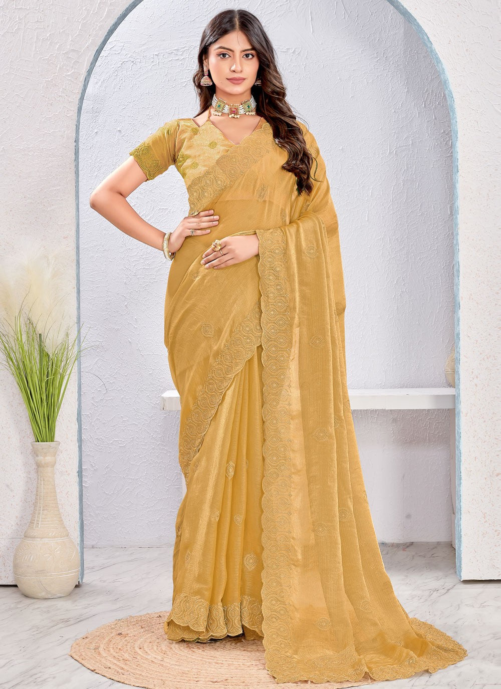 Brown Fandy Classic Saree Embroidered, Zari S16881