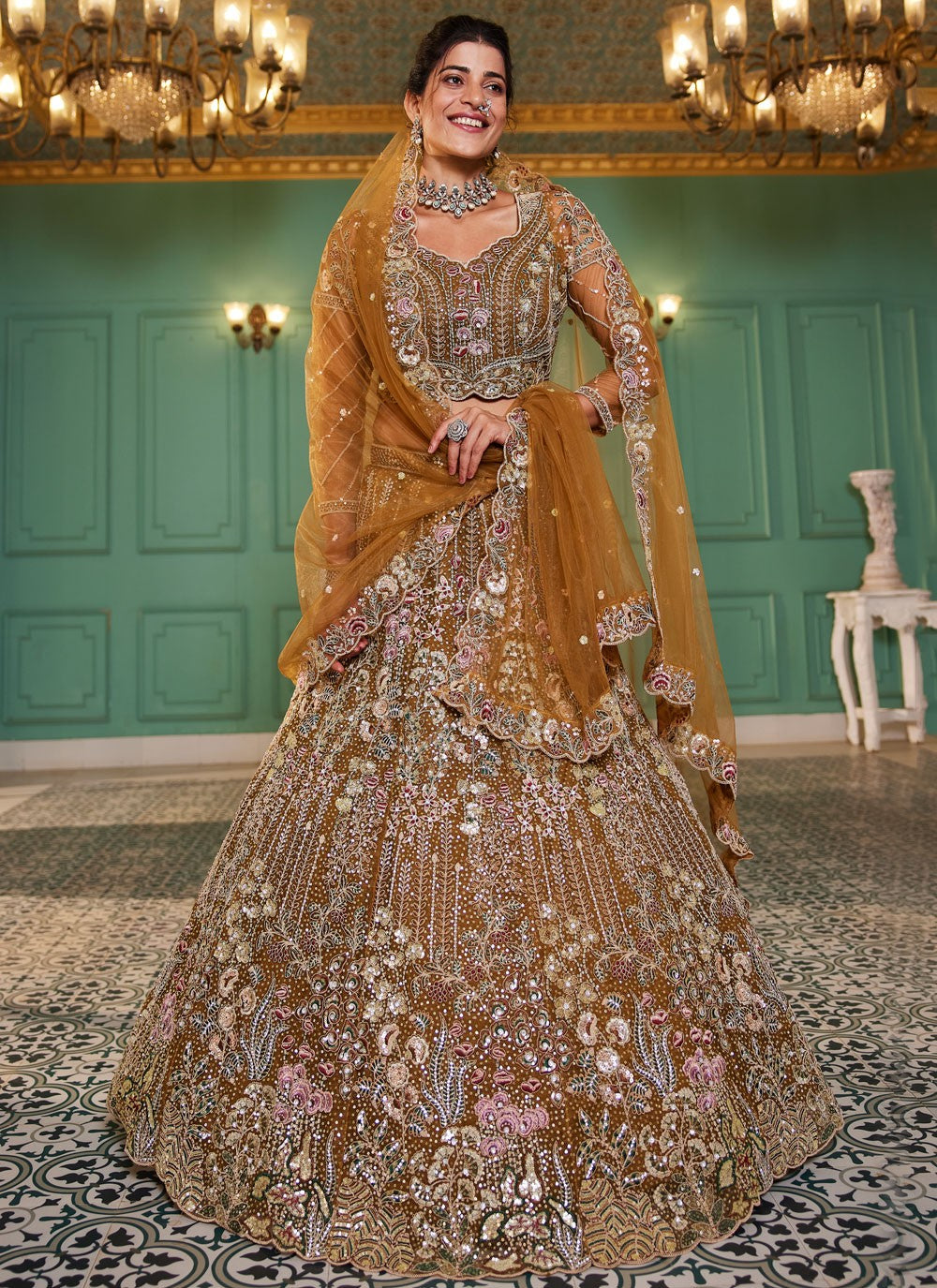 Embroidered Net Brown Lehenga - L3369