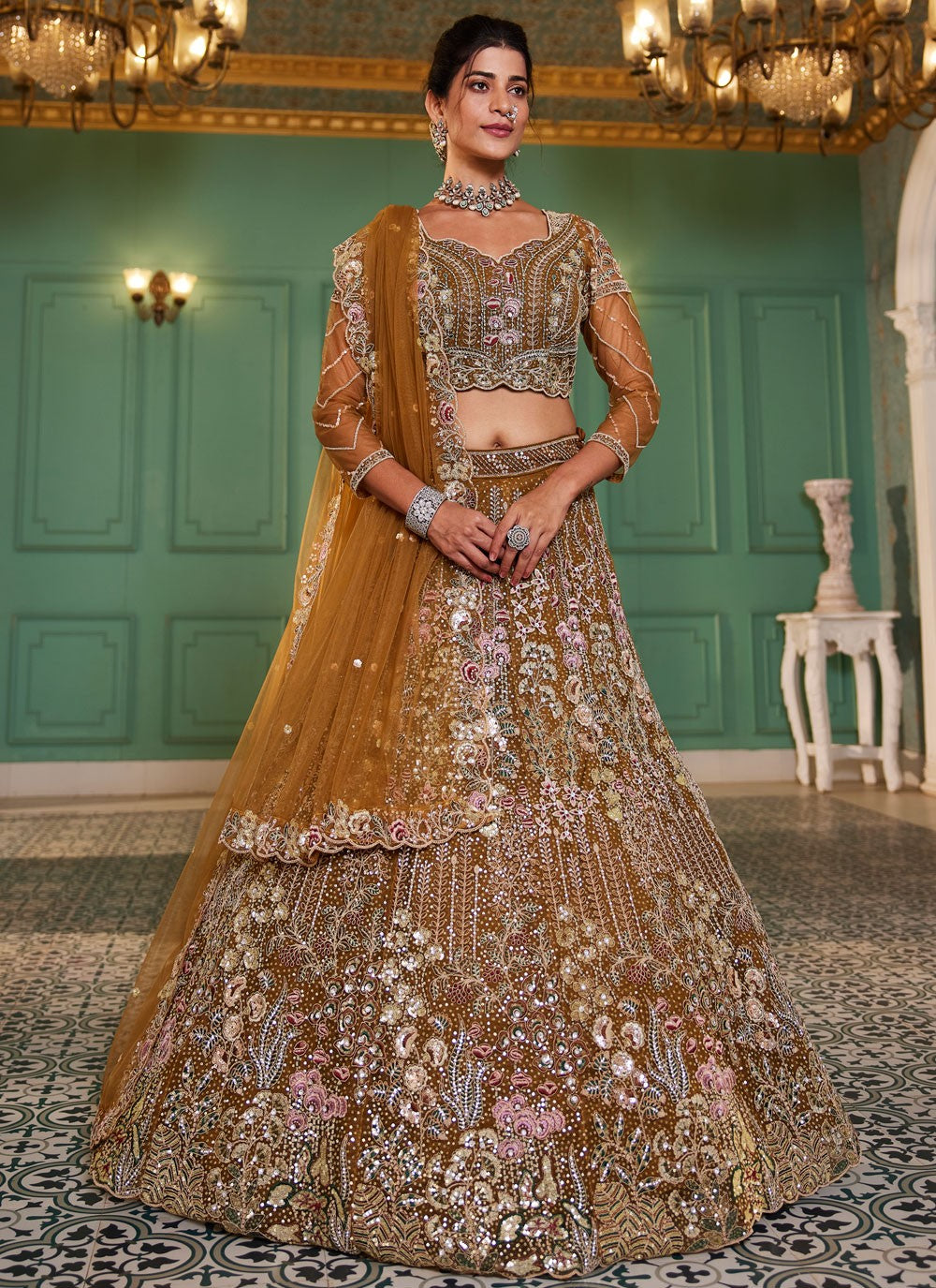Embroidered Net Brown Lehenga - L3369