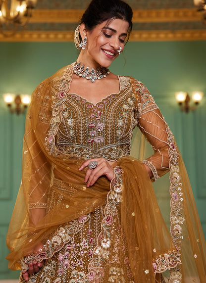 Embroidered Net Brown Lehenga - L3369