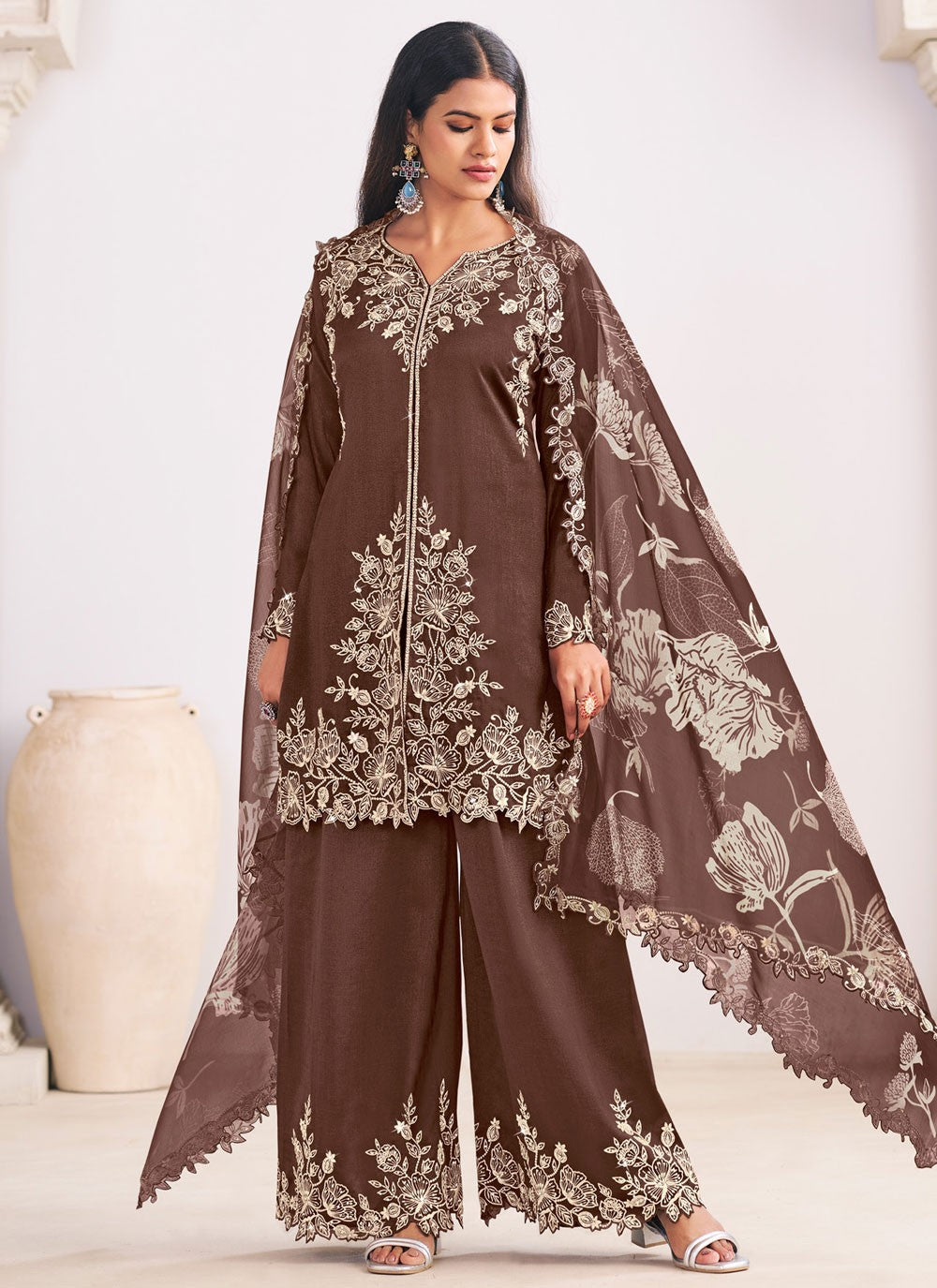 Palazzo Suit Embroidered Brown T8572