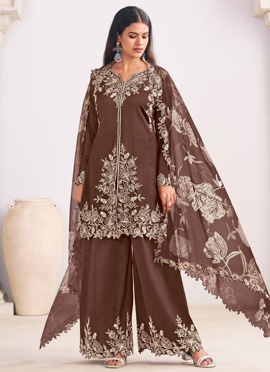 Palazzo Suit Embroidered Brown T8572