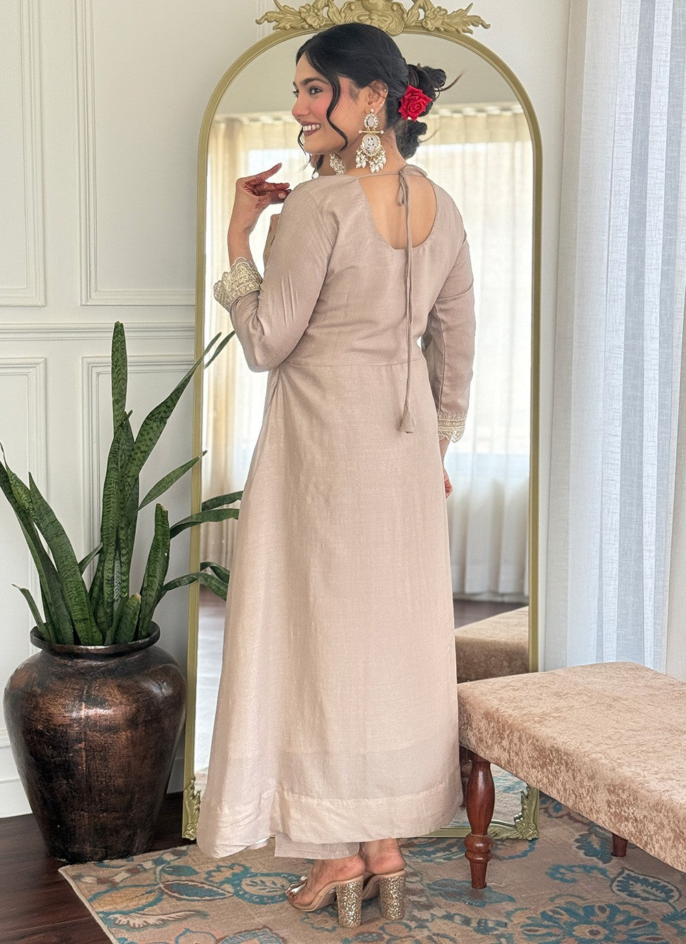 Pant Style Suit Embroidered Brown T7384