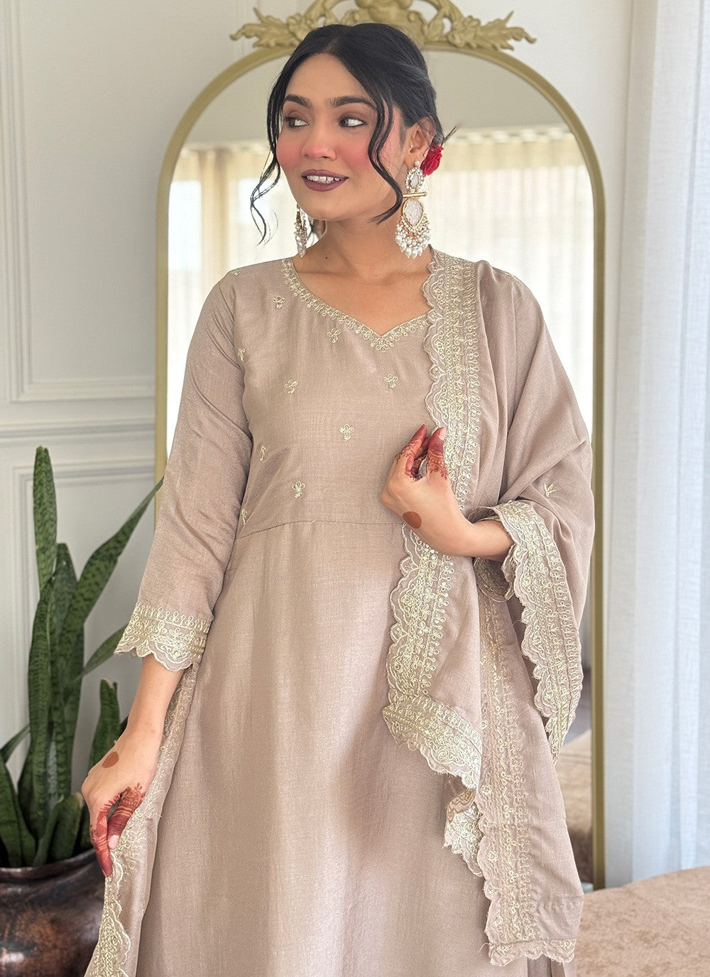 Pant Style Suit Embroidered Brown T7384