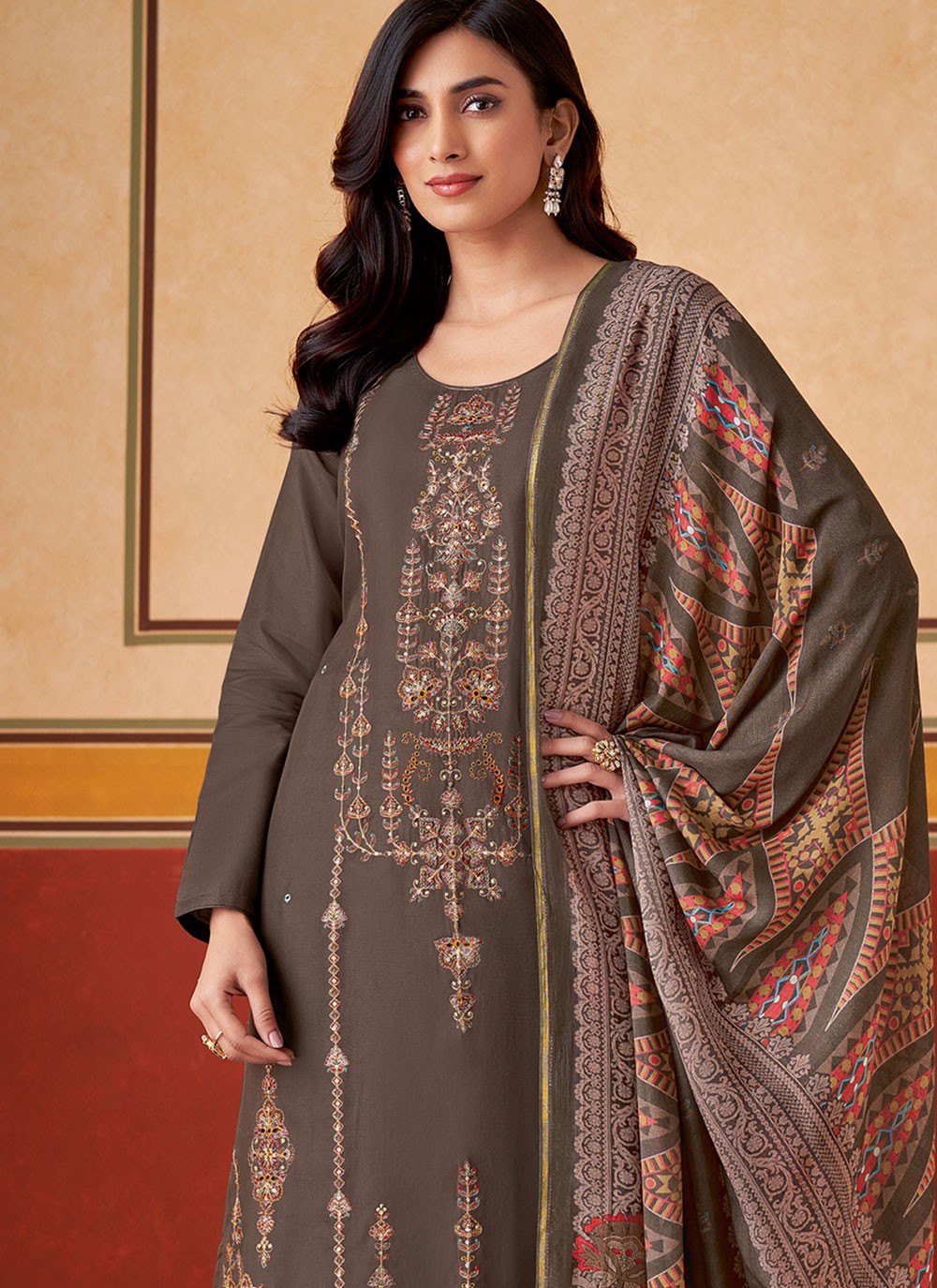 Embroidered Muslin Brown Pant Style Suit T6314