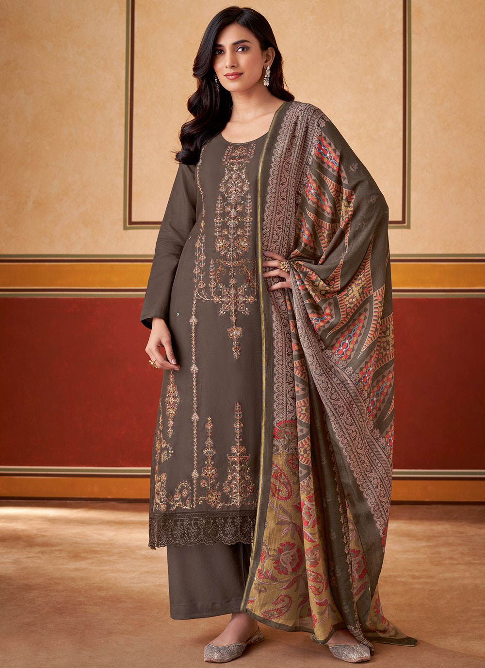 Embroidered Muslin Brown Pant Style Suit T6314
