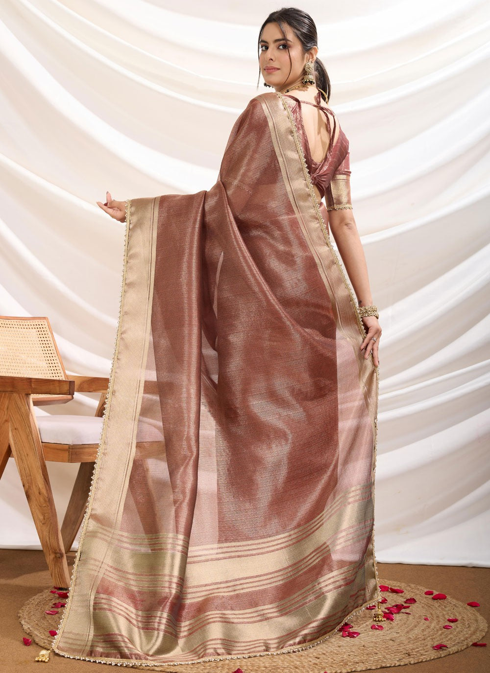 Fancy Work Linen Brown Traditional Saree S15368