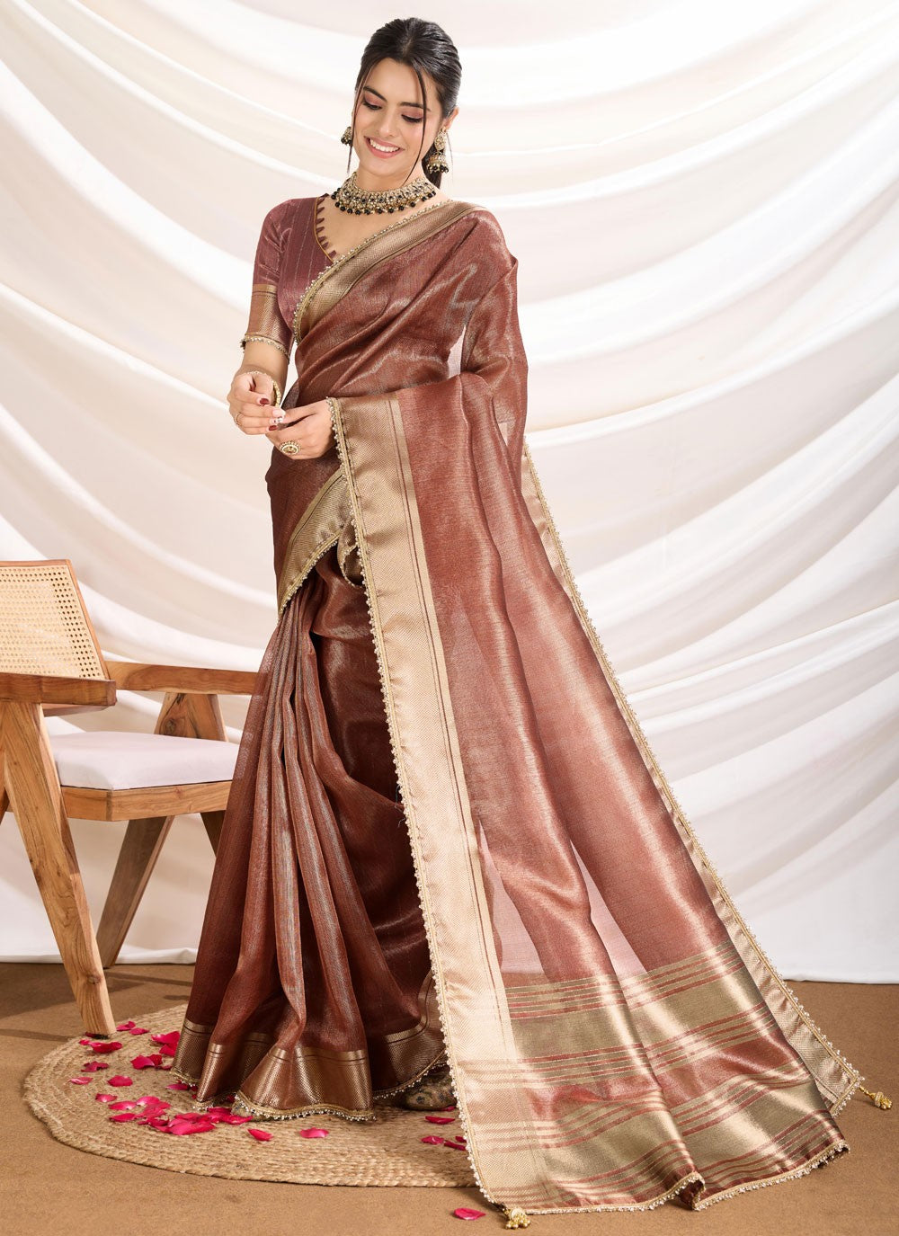 Fancy Work Linen Brown Traditional Saree S15368