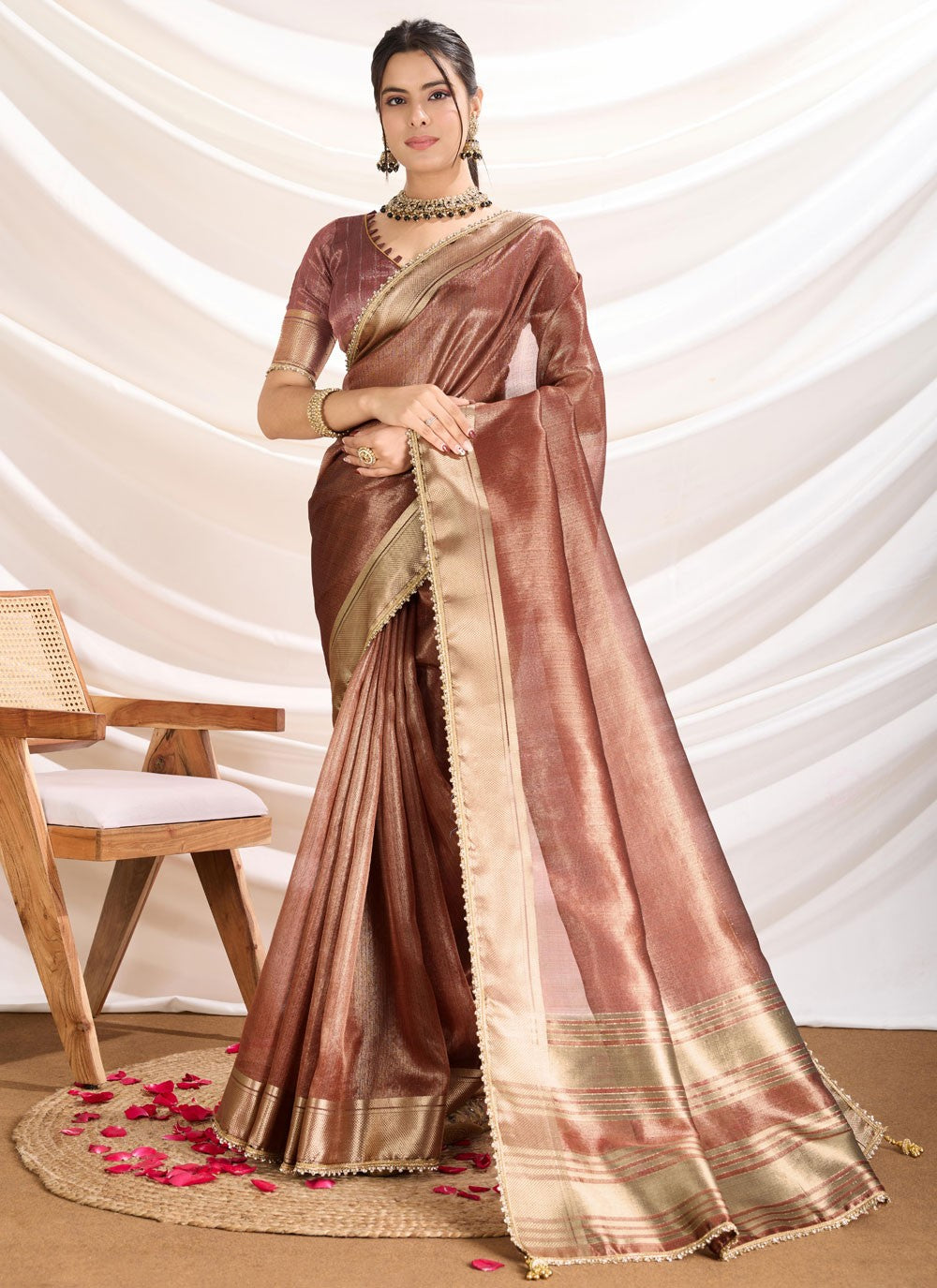 Fancy Work Linen Brown Traditional Saree S15368