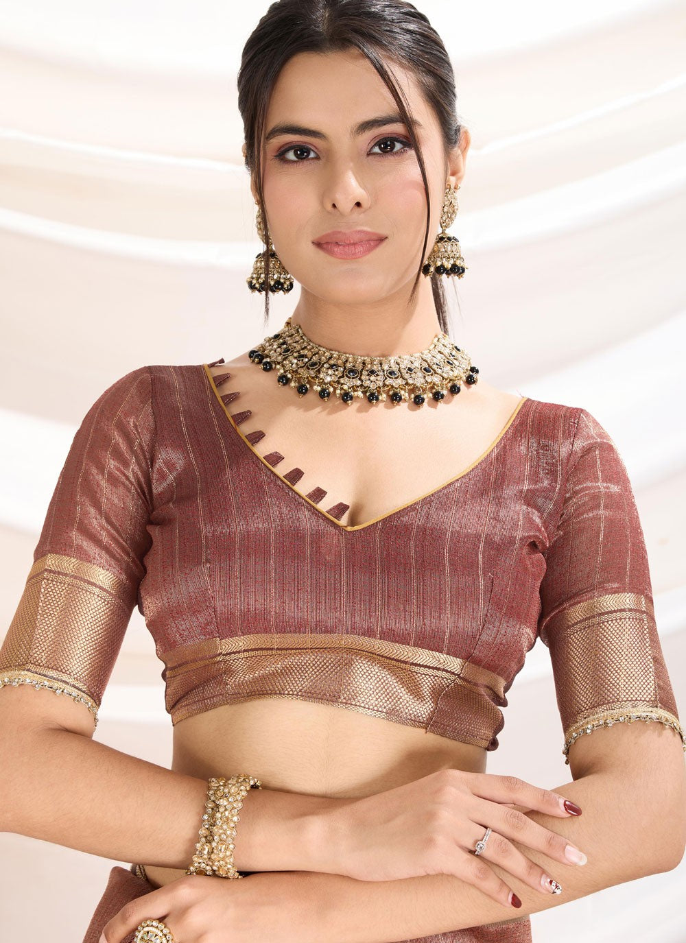 Fancy Work Linen Brown Traditional Saree S15368