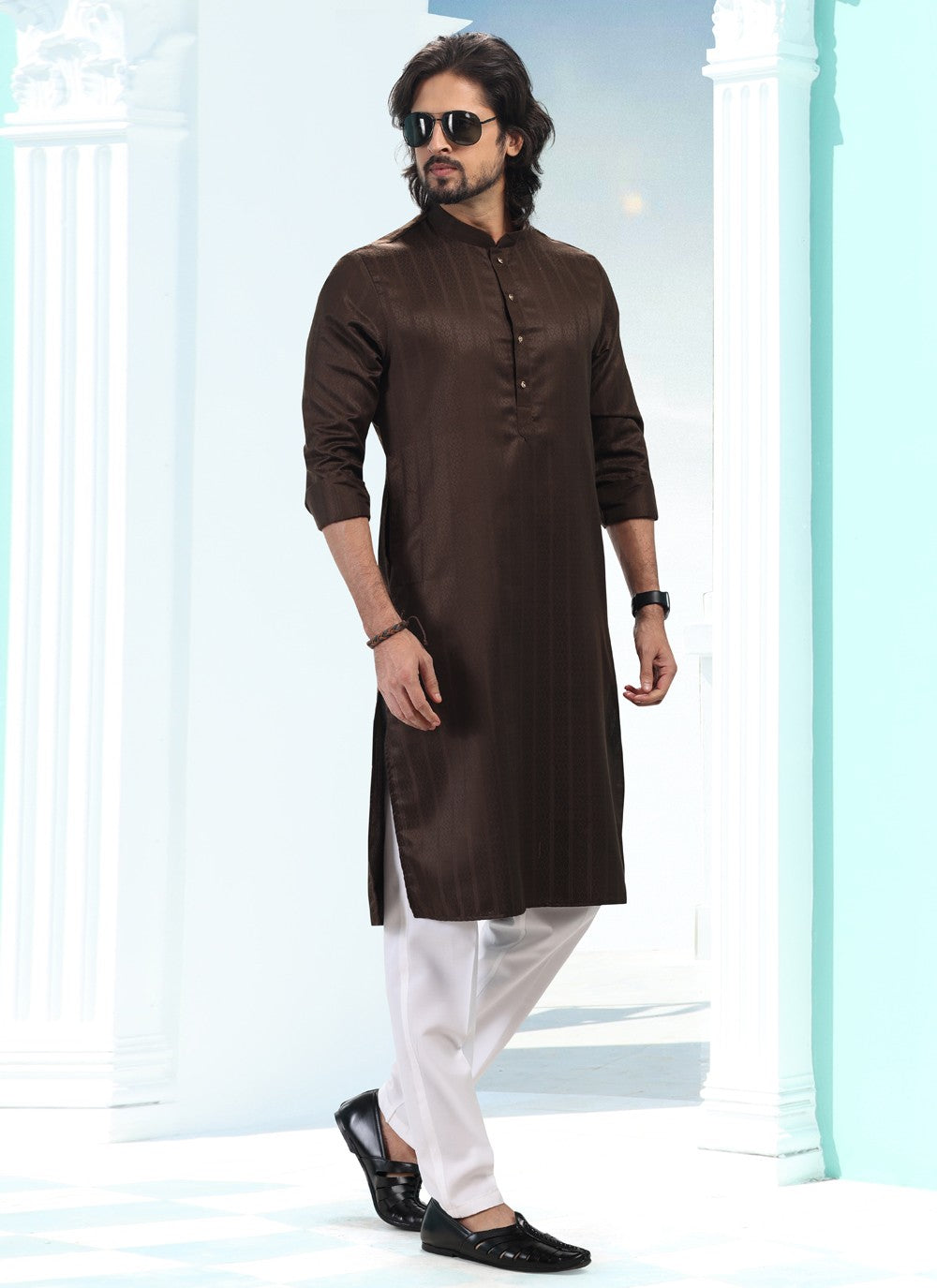 Fancy Work Silk Brown Kurta Pyjama - M5187