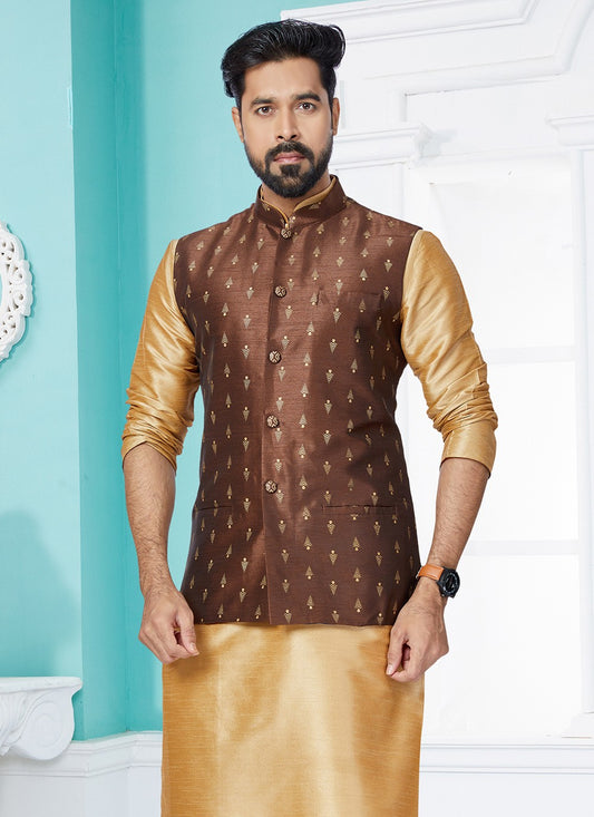 Fancy Work Banarasi Silk Brown Nehru Jackets - M7503