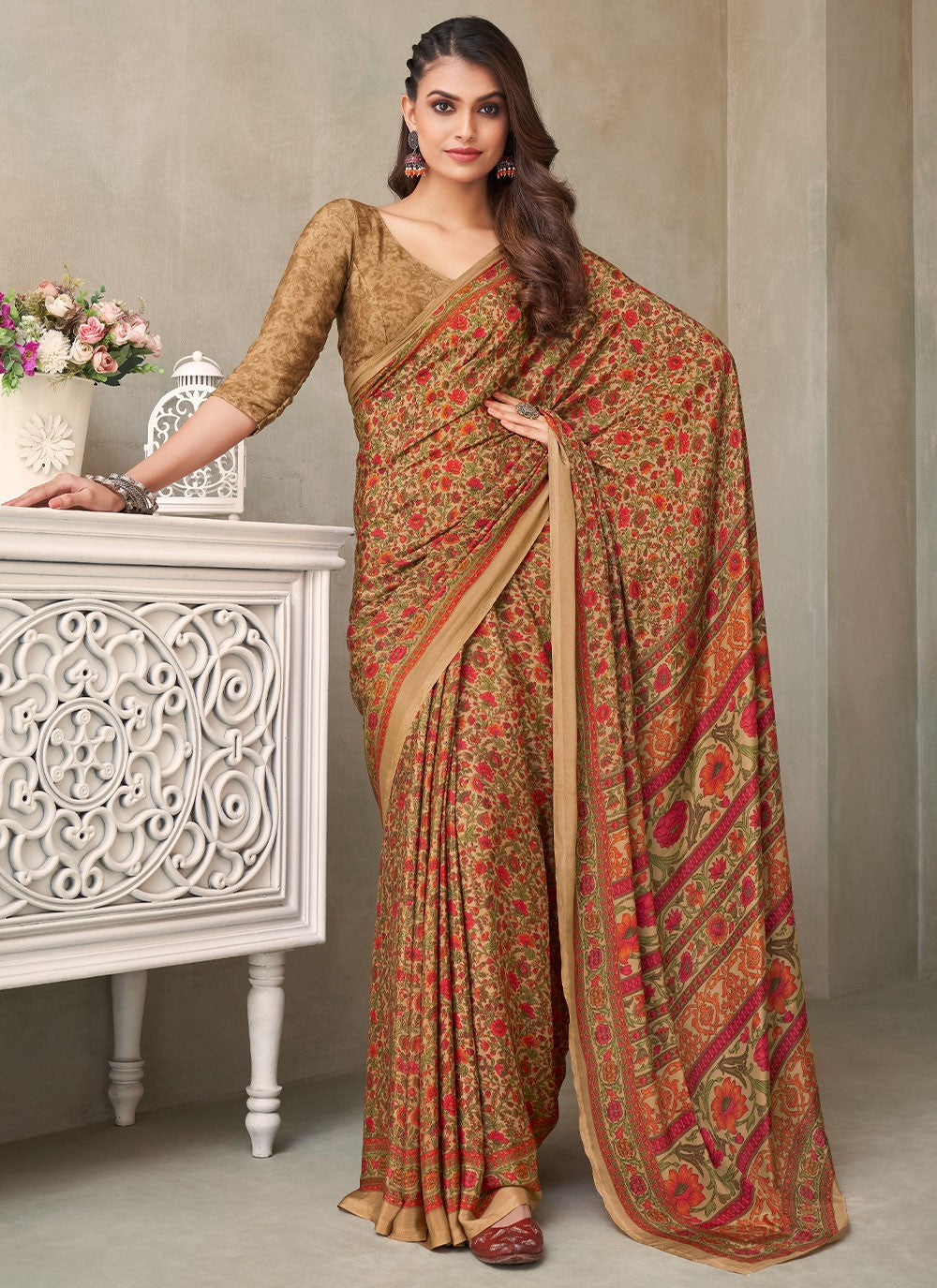 Classic Printed Faux Crepe, Silk Saree - S2605