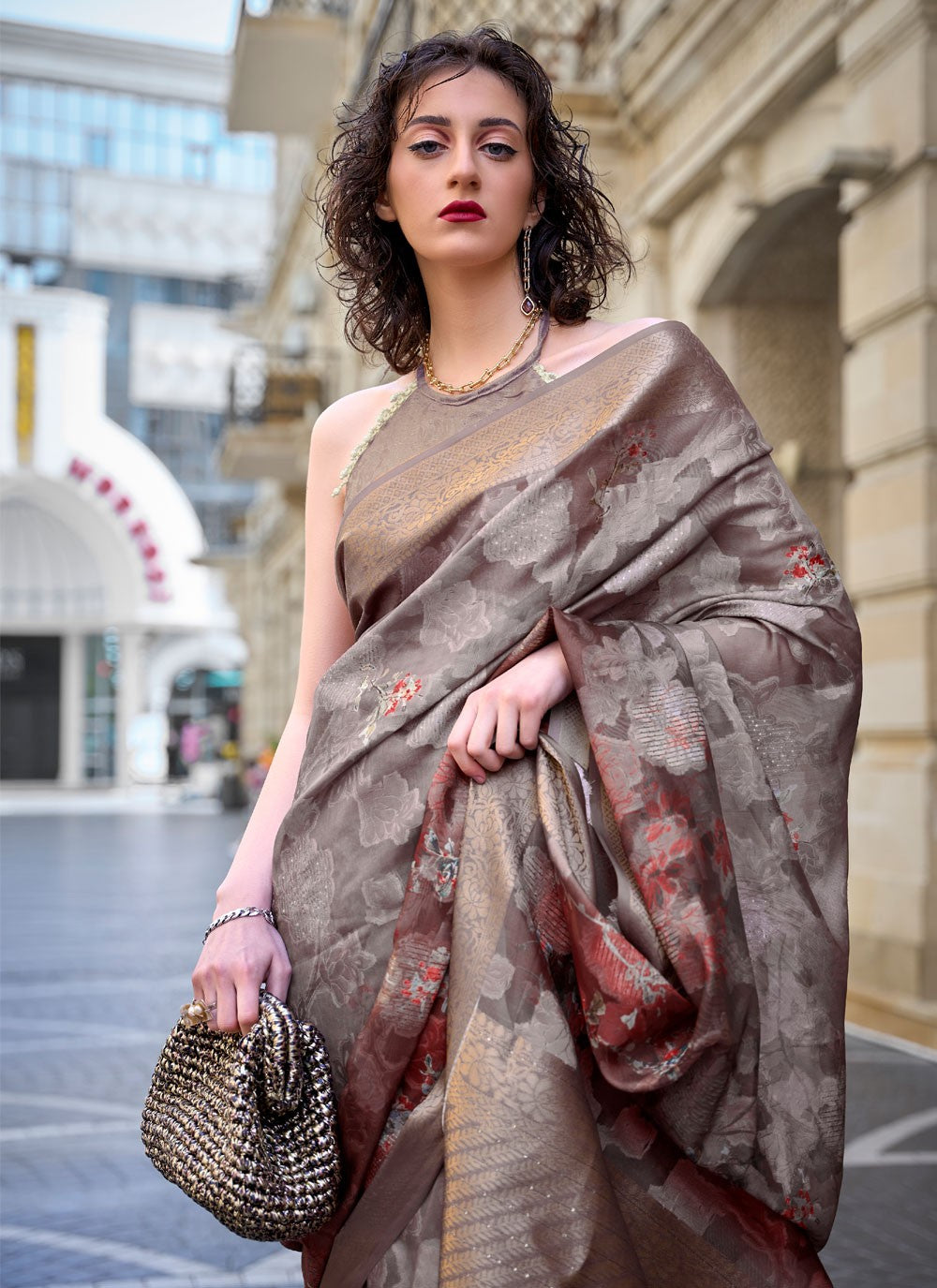 Designer Printed Brasso Saree - S4221