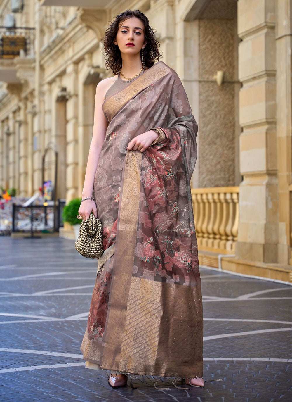 Designer Printed Brasso Saree - S4221