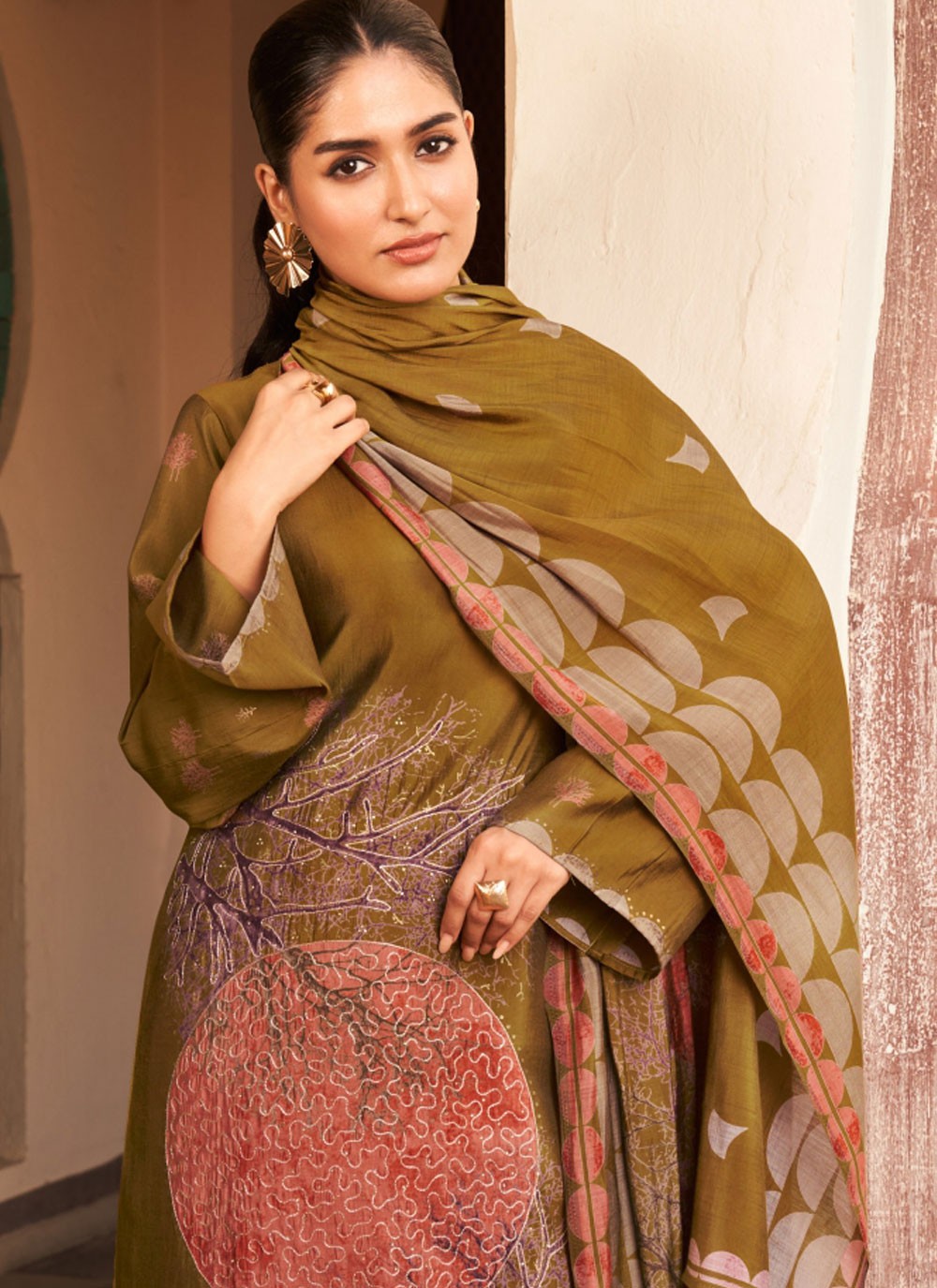 Salwar Suit Embroidered Brown Muslin T5163