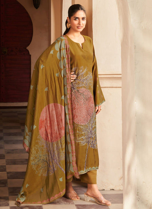 Salwar Suit Embroidered Brown Muslin T5163