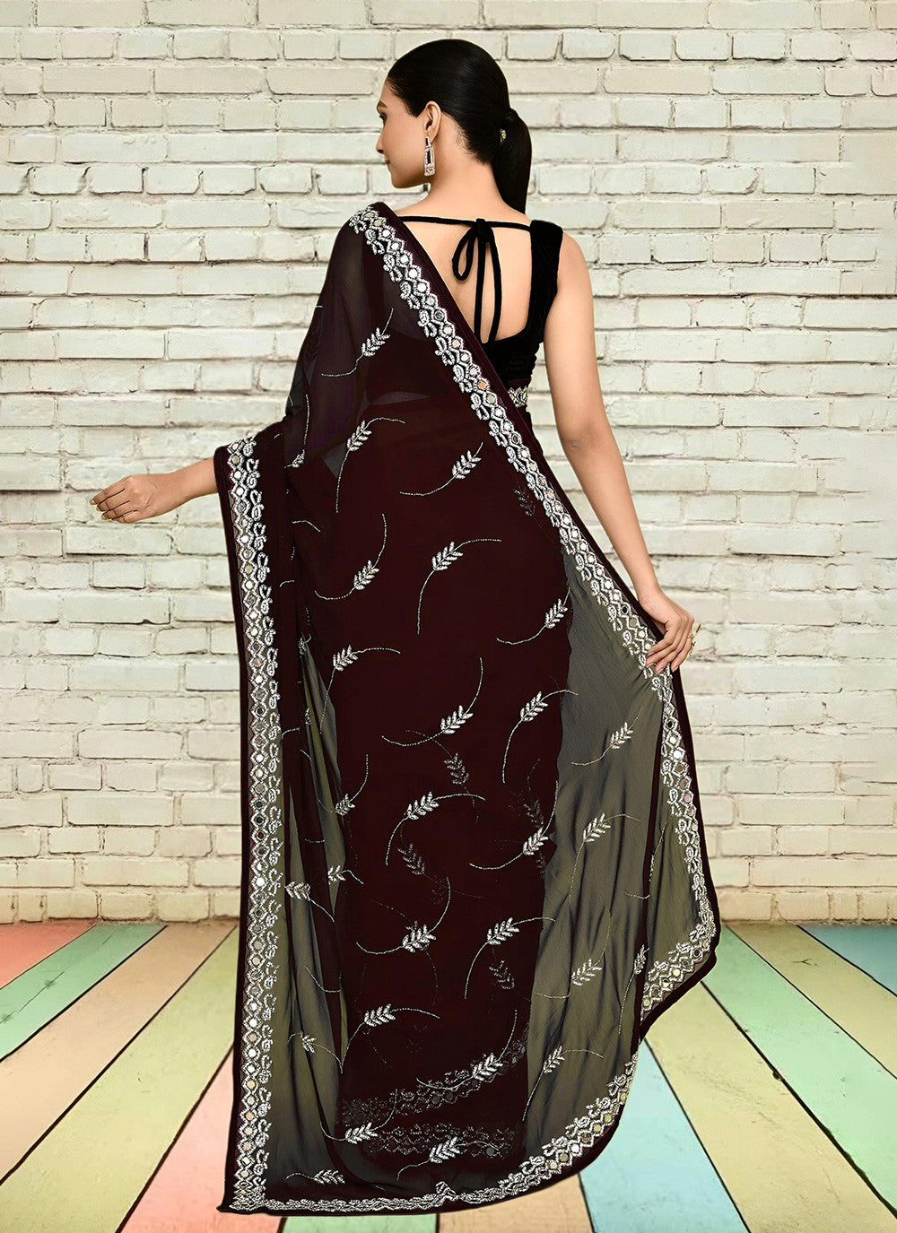 Hand Embroidery Georgette Brown Saree S14273
