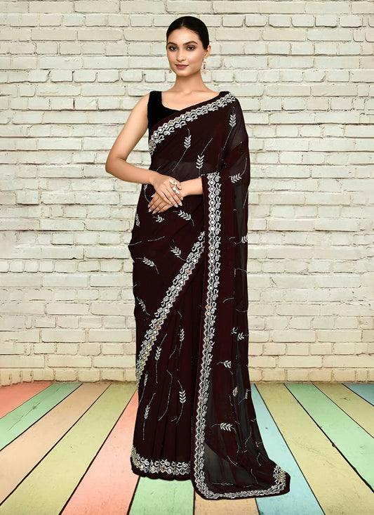 Hand Embroidery Georgette Brown Saree S14273