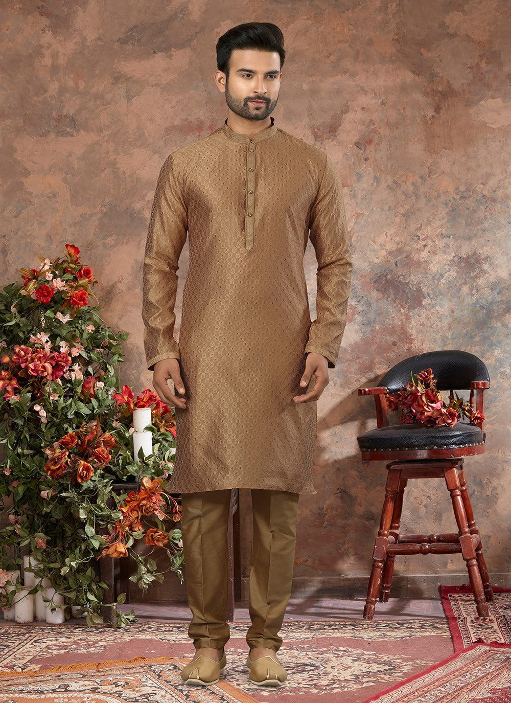 Thread Jacquard Brown Kurta - M5621