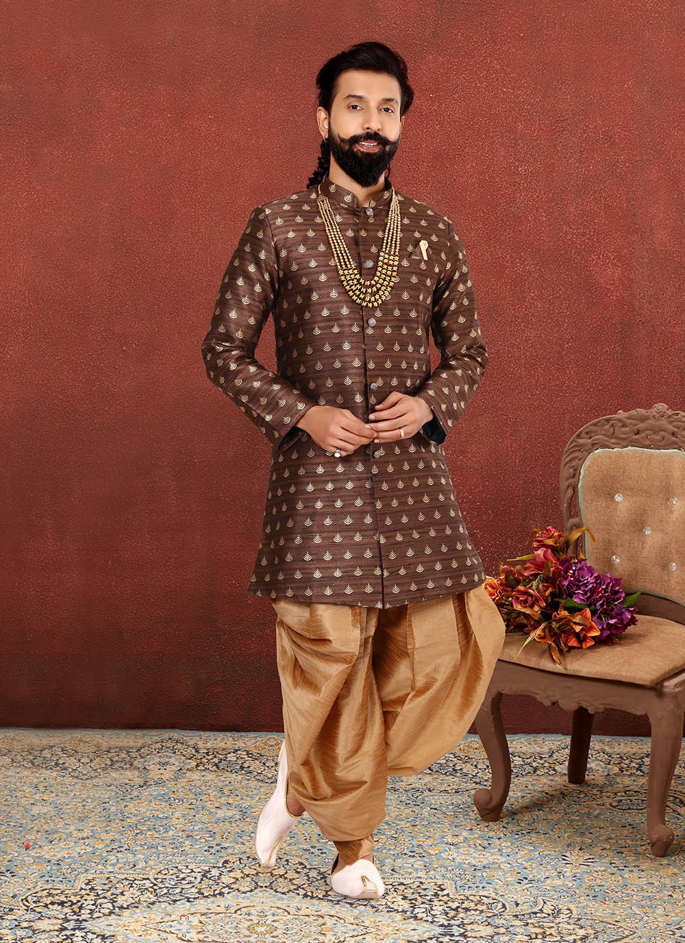 Jacquard Work Jacquard Silk Brown Indo Western Sherwani - M2614