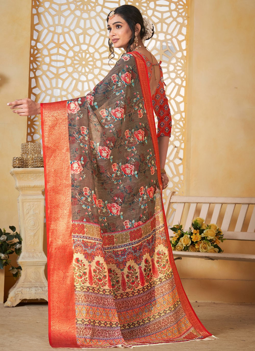 Digital Print Linen Brown Saree S14709