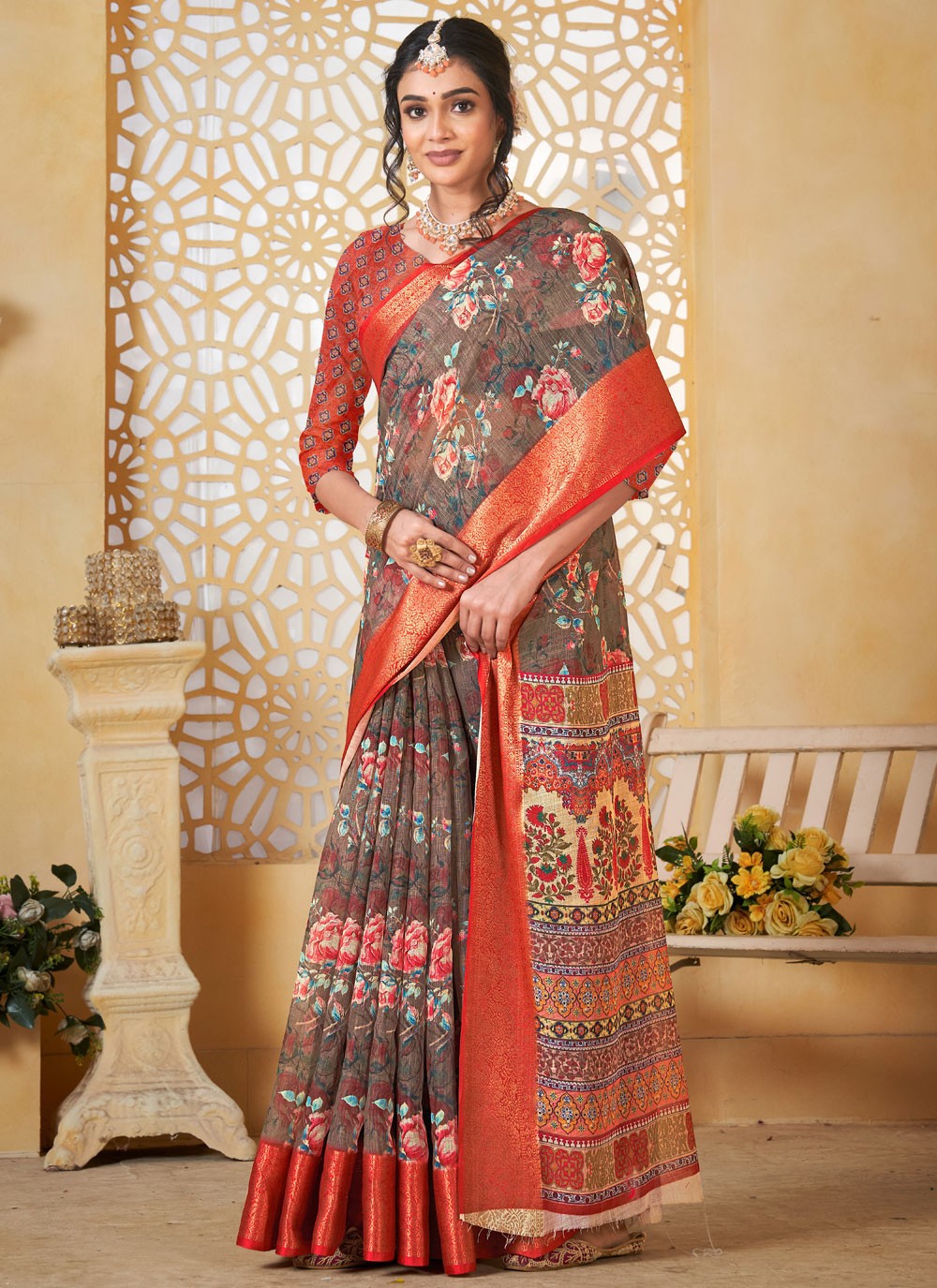 Digital Print Linen Brown Saree S14709
